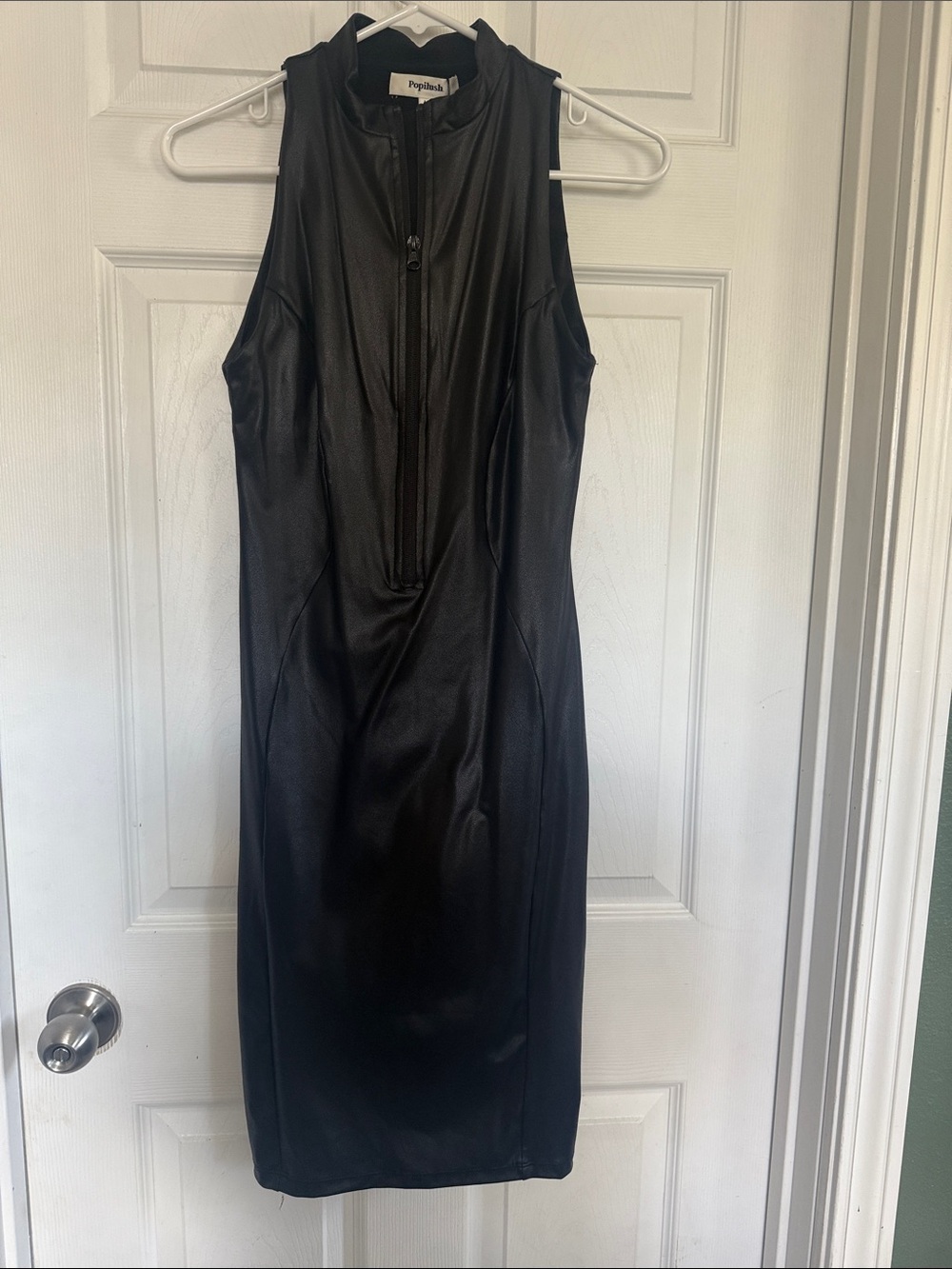 Popilush Black Sleeveless Faux Leather Sheath Dress. Shapewear built into it.